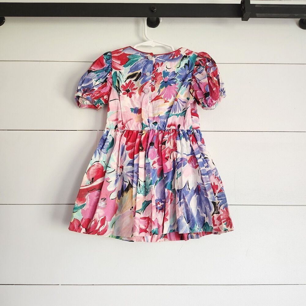 Vintage 80s Girls Floral Dress Size 4 Puff Sleeve Party Dress USA Retro - Picture 2 of 7